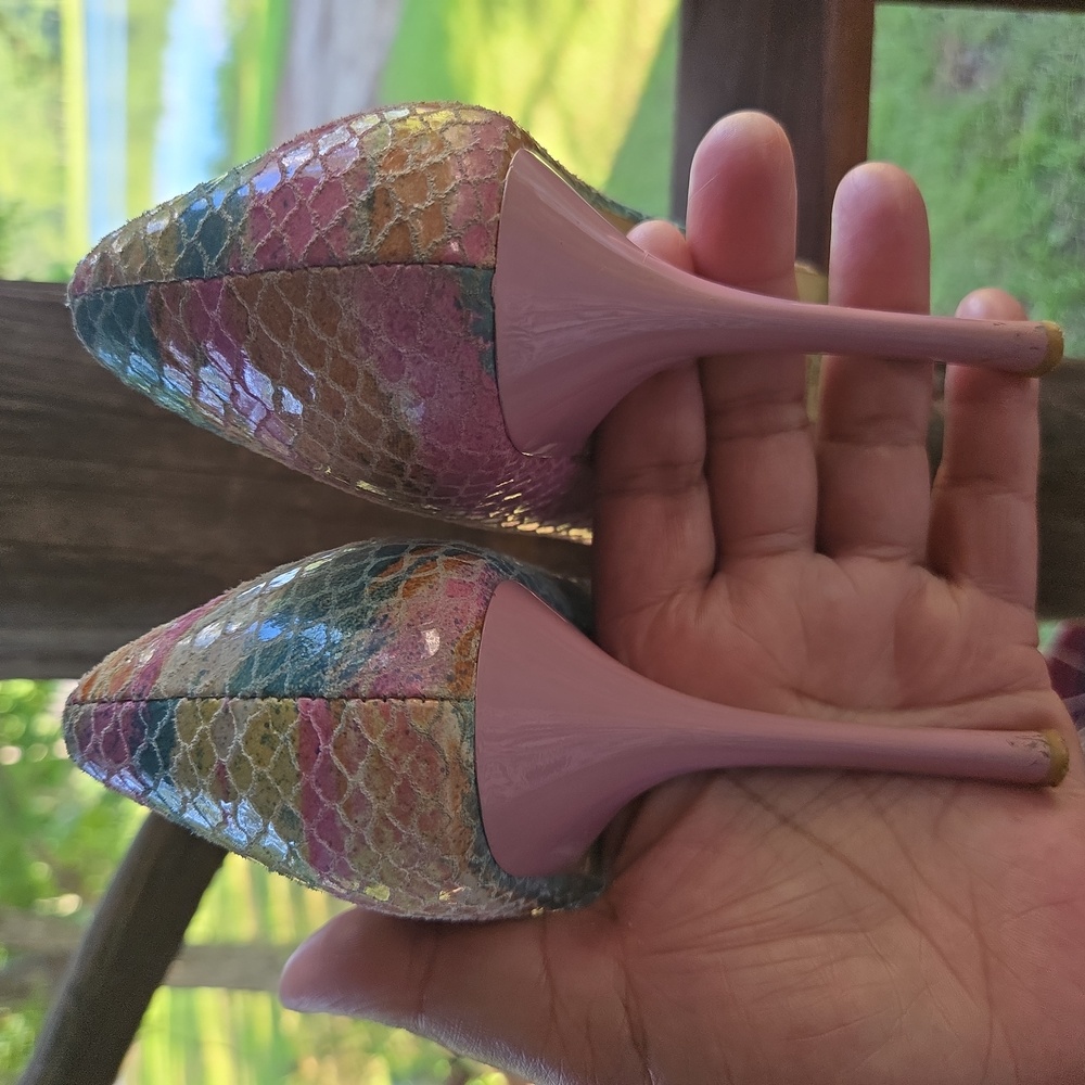 Baker's Princess Pastel Pink And Blue Snakeskin Leather Peep Toe High Heel - Picture 7 of 13